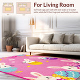 Ultra Soft Area Rug, Non Slip, Stain Resistant, Washable Area Rugs for Living Room, Bedroom, Joyful Springtime Animal Illustration(Pink)