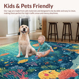 Ultra Soft Area Rug, Non Slip, Stain Resistant, Washable Area Rugs for Living Room, Bedroom, Fun Ocean World Rug for Kids with Marine Life and Learning Shapes(Blue)