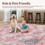 Ultra Soft Area Rug, Non Slip, Stain Resistant, Washable Area Rugs for Living Room, Bedroom, Elegant Retro Floral Medallion(Pink)