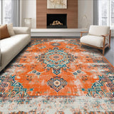 Ultra Soft Area Rug, Non Slip, Stain Resistant, Washable Area Rugs for Living Room, Bedroom, Luxurious Distressed Floral Medallion Touch(Orange)