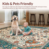 Ultra Soft Area Rug, Non Slip, Stain Resistant, Washable Area Rugs for Living Room, Bedroom, Rustic Soft Teal Paisley Motif(Ivory)