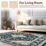 Ultra Soft Area Rug, Non Slip, Stain Resistant, Washable Area Rugs for Living Room, Bedroom, Antique Allure Vintage Inspired Medallion with Navy & Beige Accents(Blue)