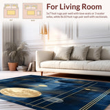 Ultra Soft Area Rug, Non Slip, Stain Resistant, Washable Area Rugs for Living Room, Bedroom, Contemporary Ink Wash with Navy and Gold Details(Blue)