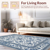 Ultra Soft Area Rug, Non Slip, Stain Resistant, Washable Area Rugs for Living Room, Bedroom, Artistic Light Grey Scroll Elements(Blue)