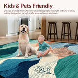Ultra Soft Area Rug, Non Slip, Stain Resistant, Washable Area Rugs for Living Room, Bedroom, Nautical Shoreline Runner Rug with Seafoam Wave Designs and Coral Reef Details(Blue)