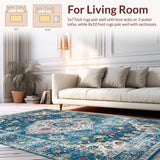 Ultra Soft Area Rug, Non Slip, Stain Resistant, Washable Area Rugs for Living Room, Bedroom, Elegant Retro Floral Composition(Blue)