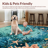 Ultra Soft Area Rug, Non Slip, Stain Resistant, Washable Area Rugs for Living Room, Bedroom, Oceanic Wonderland Low Pile Rug With Aquatic Life Design And Wave Border(Blue)