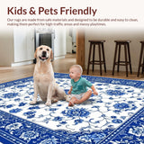 Ultra Soft Area Rug, Non Slip, Stain Resistant, Washable Area Rugs for Living Room, Bedroom, Elegant Blue Porcelain Floral Motif(Blue)