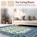 Ultra Soft Area Rug, Non Slip, Stain Resistant, Washable Area Rugs for Living Room, Bedroom, Chateau Collection Sapphire Crest Area Dark Blue Beige(Blue)