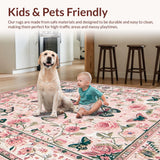 Ultra Soft Area Rug, Non Slip, Stain Resistant, Washable Area Rugs for Living Room, Bedroom, Charming Insect Floral Harmony(Pink)