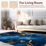 Ultra Soft Area Rug, Non Slip, Stain Resistant, Washable Area Rugs for Living Room, Bedroom, Sophisticated Gold Accented Pattern(Blue)