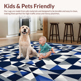 Ultra Soft Area Rug, Non Slip, Stain Resistant, Washable Area Rugs for Living Room, Bedroom, Navy Blue And Silver Modern Geometric Area With Symmetrical Design(Blue)