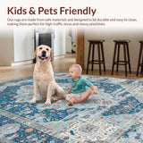 Ultra Soft Area Rug, Non Slip, Stain Resistant, Washable Area Rugs for Living Room, Bedroom, Elegant Vintage Pastel Motif(Blue)
