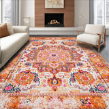 Ultra Soft Area Rug, Non Slip, Stain Resistant, Washable Area Rugs for Living Room, Bedroom, Radiant Earthy Toned Medallion Style(Orange)