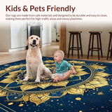 Ultra Soft Area Rug, Non Slip, Stain Resistant, Washable Area Rugs for Living Room, Bedroom, Artful Blue Toned Medallion Pattern(Gold)