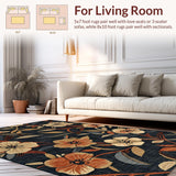 Ultra Soft Area Rug, Non Slip, Stain Resistant, Washable Area Rugs for Living Room, Bedroom, Trendy Rustic Floral Symmetry(Black)