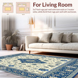 Ultra Soft Area Rug, Non Slip, Stain Resistant, Washable Area Rugs for Living Room, Bedroom, Regal Azure Bloom Dark Blue Beige Floral Medallion(Beige)