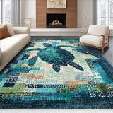 Ultra Soft Area Rug, Non Slip, Stain Resistant, Washable Area Rugs for Living Room, Bedroom, Marine Life Mosaic Rug Featuring Blue Turtle and Coral Reef Artistic Motif(Blue)