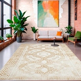 Ultra Soft Area Rug, Non Slip, Stain Resistant, Washable Area Rugs for Living Room, Bedroom, Eco Friendly Round With Interlaced Rustic Beige and Boho Charm(Beige)