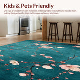 Ultra Soft Area Rug, Non Slip, Stain Resistant, Washable Area Rugs for Living Room, Bedroom, Cherry Blossom Floral Rug with Teal Accents(Blue)