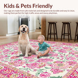 Ultra Soft Area Rug, Non Slip, Stain Resistant, Washable Area Rugs for Living Room, Bedroom, Whimsical Pink & Green Floral Fusion(White)