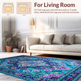 Ultra Soft Area Rug, Non Slip, Stain Resistant, Washable Area Rugs for Living Room, Bedroom, Eclectic Vintage Floral Fusion(Blue)