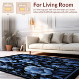 Ultra Soft Area Rug, Non Slip, Stain Resistant, Washable Area Rugs for Living Room, Bedroom, Elegant Black Floral Area Intricate Petals(Blue)