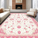 Floral White Area with Gentle Pink and Beige Traditional Motifs(White)