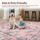 Ultra Soft Area Rug, Non Slip, Stain Resistant, Washable Area Rugs for Living Room, Bedroom, Elegant Distressed Ogee Pattern(Pink)