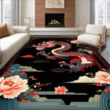 Ultra Soft Area Rug, Non Slip, Stain Resistant, Washable Area Rugs for Living Room, Bedroom, Elegant Floral Dragon Aesthetic(Black)