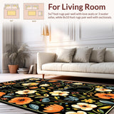 Ultra Soft Area Rug, Non Slip, Stain Resistant, Washable Area Rugs for Living Room, Bedroom, Playful Feline Floral Aesthetic(Black)