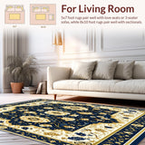 Ultra Soft Area Rug, Non Slip, Stain Resistant, Washable Area Rugs for Living Room, Bedroom, Exquisite Beige Area Featuring Abstract Floral Motifs in Navy Gold(Blue)