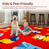 Ultra Soft Area Rug, Non Slip, Stain Resistant, Washable Area Rugs for Living Room, Bedroom, Vibrant Animal Alphabet Illustration(Red)