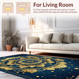 Ultra Soft Area Rug, Non Slip, Stain Resistant, Washable Area Rugs for Living Room, Bedroom, Artful Blue Toned Medallion Pattern(Gold)