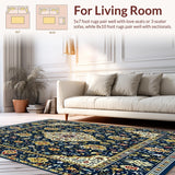 Ultra Soft Area Rug, Non Slip, Stain Resistant, Washable Area Rugs for Living Room, Bedroom, Symmetrical Floral with Smoke & Beige(Blue)