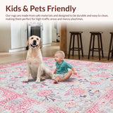 Ultra Soft Area Rug, Non Slip, Stain Resistant, Washable Area Rugs for Living Room, Bedroom, Elegant Pink Grey Blossom Motif(Pink)
