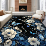 Ultra Soft Area Rug, Non Slip, Stain Resistant, Washable Area Rugs for Living Room, Bedroom, Dreamscape Black Surreal Floral Butterflies Artistic Flourishes(Blue)