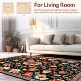 Ultra Soft Area Rug, Non Slip, Stain Resistant, Washable Area Rugs for Living Room, Bedroom, Artful Black Floral Display(Black)