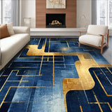 Ultra Soft Area Rug, Non Slip, Stain Resistant, Washable Area Rugs for Living Room, Bedroom, Ombre Geometric Maze Rug with Blue and Gold Gradient, Modern Abstract Design(Blue)
