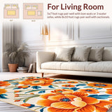 Ultra Soft Area Rug, Non Slip, Stain Resistant, Washable Area Rugs for Living Room, Bedroom, Lively Outdoor Blossom Patterned Rug(Orange)
