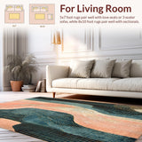 Ultra Soft Area Rug, Non Slip, Stain Resistant, Washable Area Rugs for Living Room, Bedroom, Minimalist Lightweight Rug Showcasing Peach Waves and Gold Geometric Forms(Blue)