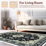 Ultra Soft Area Rug, Non Slip, Stain Resistant, Washable Area Rugs for Living Room, Bedroom, Non-Shedding Vintage Bedroom Area Rug Black Ivory(Black)