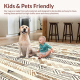 Ultra Soft Area Rug, Non Slip, Stain Resistant, Washable Area Rugs for Living Room, Bedroom, Artisan Inspired Tan Area Rug with Layered Geometric Bands and Boho Line Art(Beige)