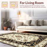 Ultra Soft Area Rug, Non Slip, Stain Resistant, Washable Area Rugs for Living Room, Bedroom, Traditional Elegant Floral Medallion(Black)