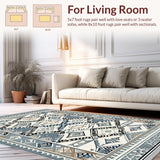 Ultra Soft Area Rug, Non Slip, Stain Resistant, Washable Area Rugs for Living Room, Bedroom, Rustic Symmetrical Ogee Theme(Blue)