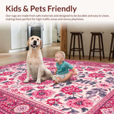 Ultra Soft Area Rug, Non Slip, Stain Resistant, Washable Area Rugs for Living Room, Bedroom, Retro Floral Nursery Carpet for Girls Room(Pink)