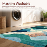 Ultra Soft Area Rug, Non Slip, Stain Resistant, Washable Area Rugs for Living Room, Bedroom, Nautical Shoreline Runner Rug with Seafoam Wave Designs and Coral Reef Details(Blue)