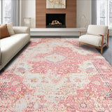 Ultra Soft Area Rug, Non Slip, Stain Resistant, Washable Area Rugs for Living Room, Bedroom, Rustic Neutral Classic Trellis Layout(Pink)