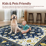 Ultra Soft Area Rug, Non Slip, Stain Resistant, Washable Area Rugs for Living Room, Bedroom, Rustic Gold and Blue Patterned Motif(Blue)