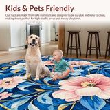 Ultra Soft Area Rug, Non Slip, Stain Resistant, Washable Area Rugs for Living Room, Bedroom, Luxurious Gold Accented Floral Style(Blue)